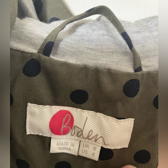 Boden Jacket Sz 4 Olive Green 100% Cotton Full Zip Polkadot Spring Jacket Hood - Picture 2 of 6
